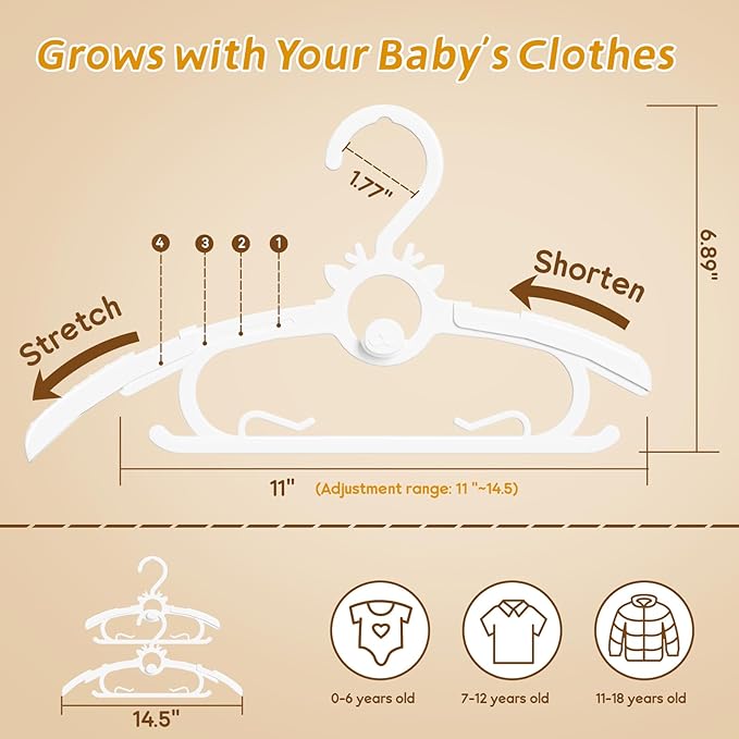 Kids Hangers 30PCS, 11"-14" Extendable and Stackable Baby Hangers, 45g Ultra-Thick Space Saving Non-Slip Plastic Hanger for Infant, Toddler and Nursery Closet, White