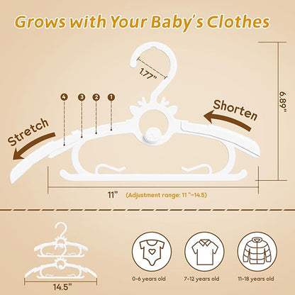 Kids Hangers 30PCS, 11"-14" Extendable and Stackable Baby Hangers, 45g Ultra-Thick Space Saving Non-Slip Plastic Hanger for Infant, Toddler and Nursery Closet, White