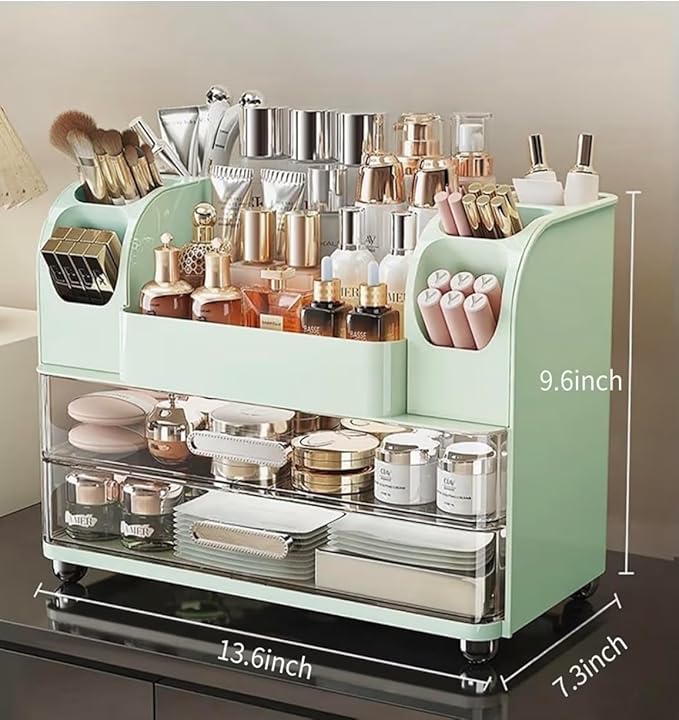 Tiered Makeup Organizer, Mint Green Cosmetic Storage Display Case with Brush Holder, Vanity Beauty Product Storage System