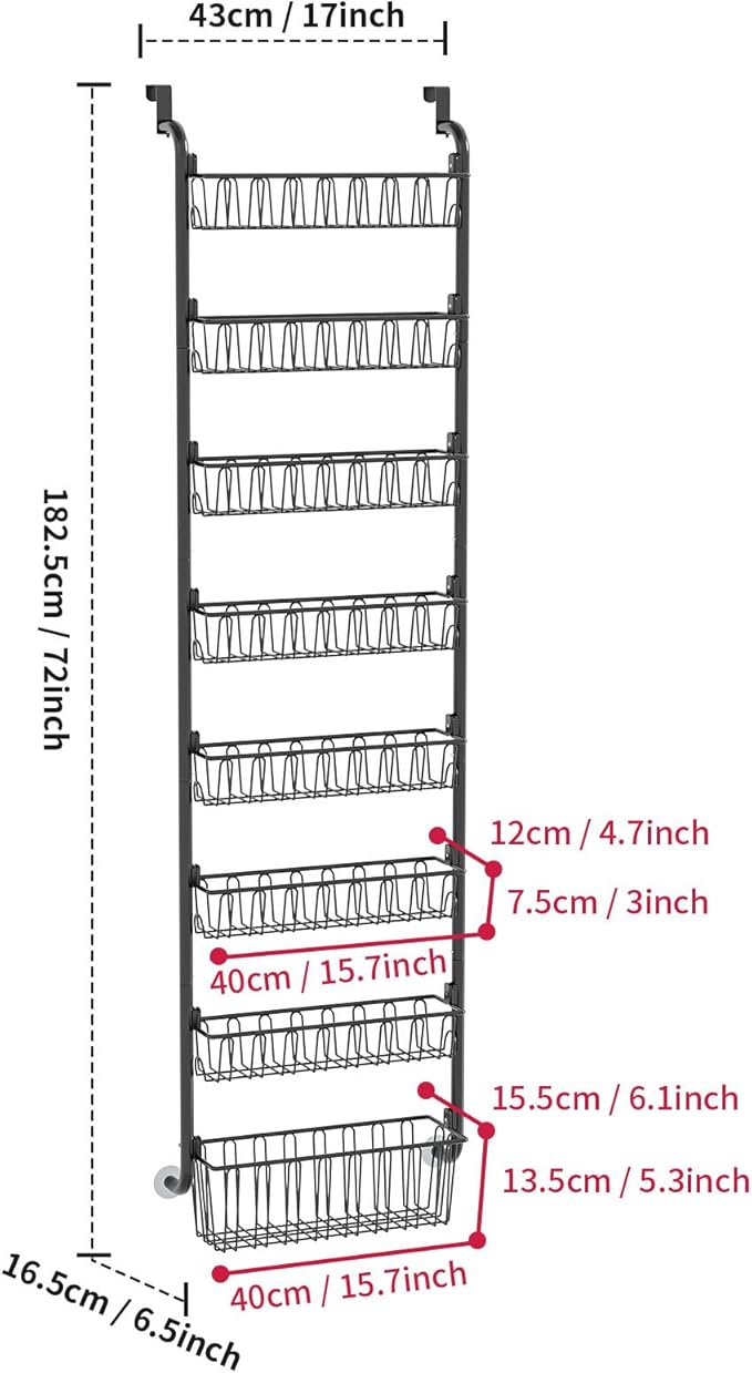 Over The Door Organizer - 4/6/8 Tier Removable Metal Storage Baskets for Pantry Bathroom Back of Door Adjustable Door Hanger Rack Black