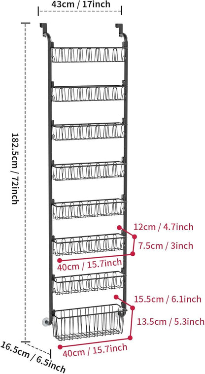 Over The Door Organizer - 4/6/8 Tier Removable Metal Storage Baskets for Pantry Bathroom Back of Door Adjustable Door Hanger Rack Black