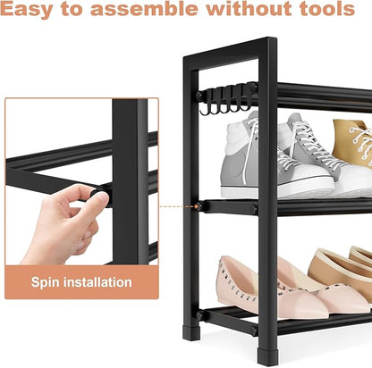 LANTEFUL Adjustable 18"-33" Expandable Shoe Rack for Closet 12 Pairs Small Spaces 3 Tier Shoe Organizer with 5 Hooks Metal Shoe Shelf for Entryway, Bedroom