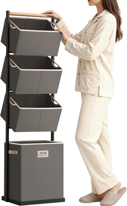 SOLEDI 4 Section Laundry Hamper Sorter, Stackable Laundry Basket Organizer with Removable Basket, 125L 4-Tier Vertical Laundry Sorter for Small Space, Laundry Room, Dorm, Bathroom, Wardrobe Grey