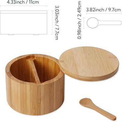 KITCHENDAO Bamboo Salt Pepper Bowl Box Cellar with Spoon and Magnetic Swivel Lid
