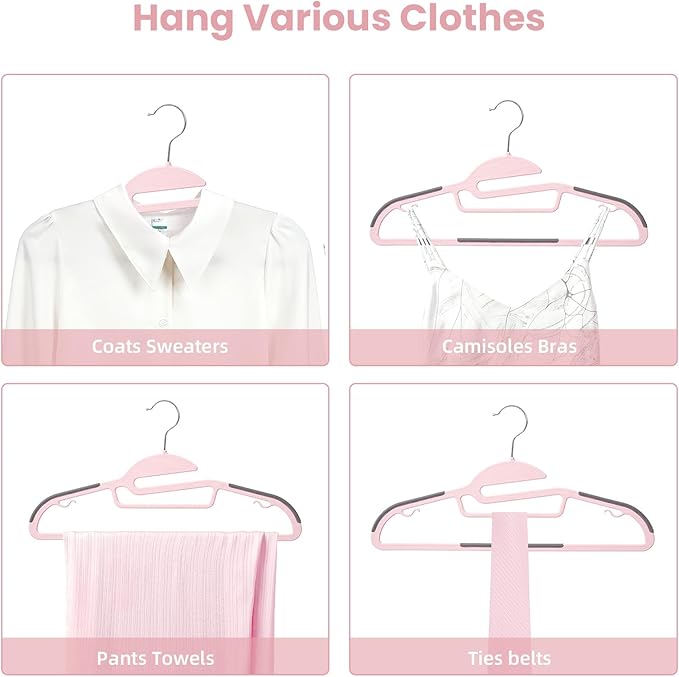 Heavy Duty Plastic Hangers 50 Pack with Non-Slip Design,0.2 Inches Thick,360°Swivel Hook Space Saving Organizer for Bedroom Closet,Shirts,Pants,Strong Enough for Coat(Pink- S Shaped)