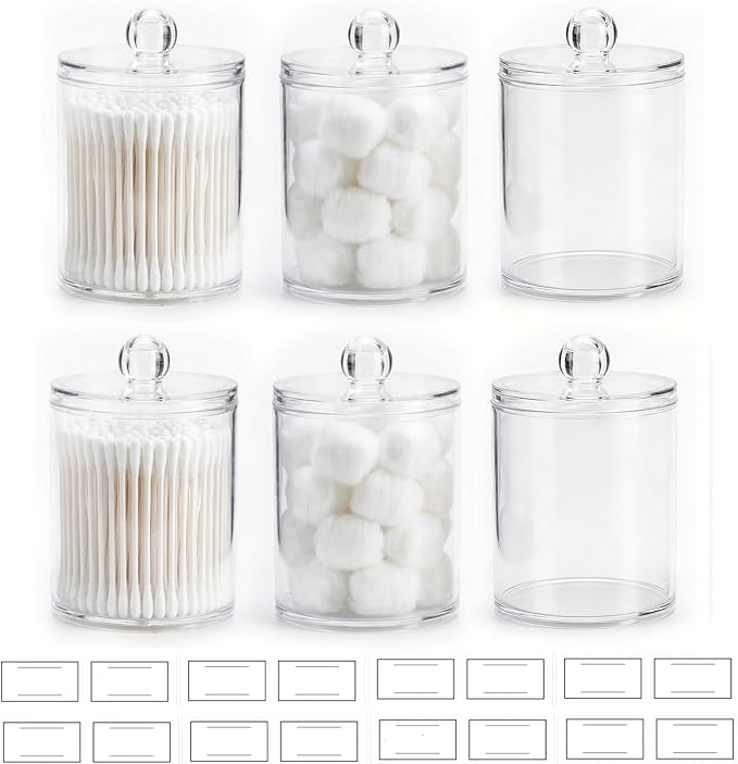novelinks Acrylic Plastic Qtip Holder Dispenser, Apothecary Jar Canister Set with Lids for Cotton Swabs, Balls, Round Pads & Floss Picks - Bathroom Vanity Makeup Storage Container (Clear, 6 Pack)