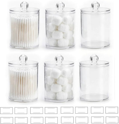 novelinks Acrylic Plastic Qtip Holder Dispenser, Apothecary Jar Canister Set with Lids for Cotton Swabs, Balls, Round Pads & Floss Picks - Bathroom Vanity Makeup Storage Container (Clear, 6 Pack)