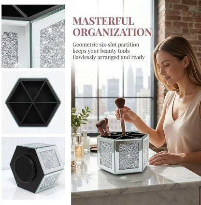 Rotatable Multifunctional Jewelry Utensil Holder Hexagon Jewelry Make up Organizer Cups Crush Diamond Mirror Decor, brush/office pen cup holder Eyeliners Display Case for Vanity