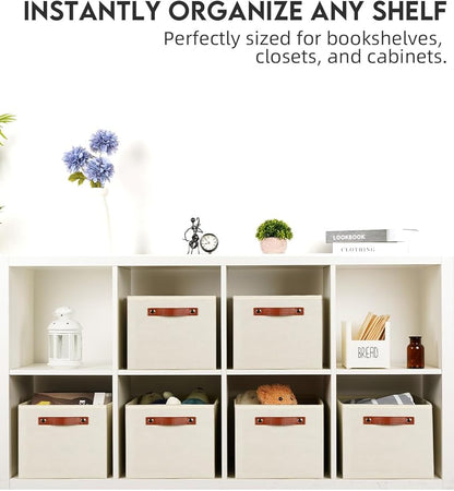 [6-Pack] Fabric Storage Bins Reinforced 2.5mm Cardboard Shelf Bins with PU Leather Handles (15x11x9.5 ) Durable Storage Baskets for Closet Organization, Toy Organizer, & Home Office Beige