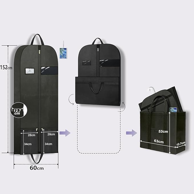 Dress Bags for Gowns 60", Long Garment Bags for Hanging Clothes Travel with Pockets and Zipper, Gusseted Garment Bag for Dress, Shows Dance Costume, Tuxedos, Clothes Protector Suit Cover Bags Black