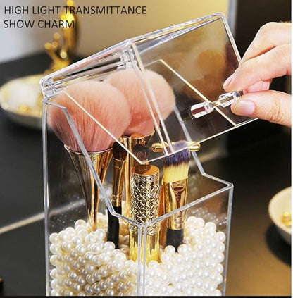 Makeup Brush Holder With Lid Cosmetic Brush Organizer Display Case Dustproof Cosmetics Brush Storage Container with Free Pearls