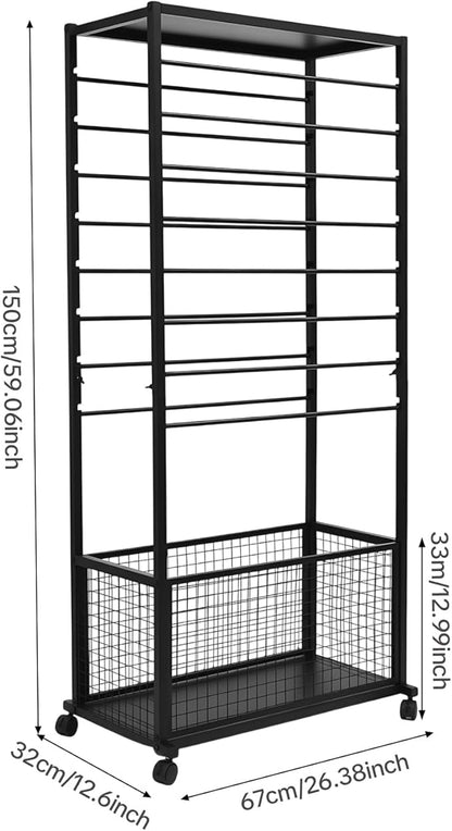 Ribbon Organizer Rack, Double Sided 16-Tier Ribbon Holder Organizer Rack, Flower Wrapping Paper Storage Stand, Scarf Tie Belt Towel Display Shelf Sewing Station Cart (Black)