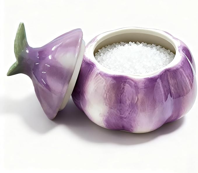 Garlic Shaped Ceramic Salt Cellar with Lid, Spices Storage Container, Coffee, Sugar, Spices and Candies, Salt Containers for Countertop, 1 Piece