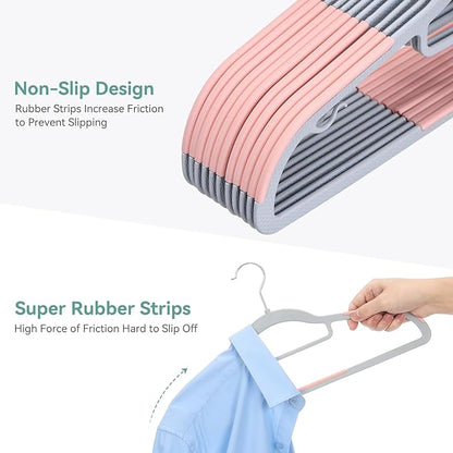Tonswachic Pack of 30 Coat Hangers, Space-Saving Plastic Clothes Hangers, Non-Slip, 0.2 Inches Slim, 360° Swivel Silver Hook for Shirts, Pants, Suit & Wet/Dry Garments, Pink and Dark Gray