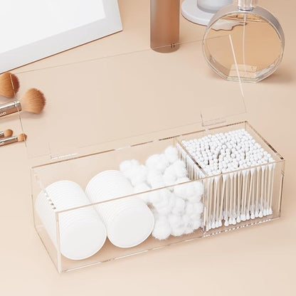 Clear Acrylic Qtip Holder for Clean Skin Club Clean² Pads Clean with Flip-Top Lid 2-Grid Canister Cotton Pad and Swab Dispenser Cotton Round Organizer for Bathroom Vanity Countertop
