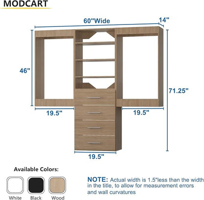Modular Closet Organizer, 60" Wide, Hanging & Drawers, Wood Tower for Walk-In Closets, Wall-Mounted Wardrobe Organizer