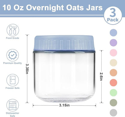 Overnight Oats Containers with Lids, 10oz Wide Mouth Mason Jars with Lids, 3 Pack Glass Jars with Airtight lid for Chia Pudding Yogurt Salad, Meal Prer Oatmeal Jars, Blue