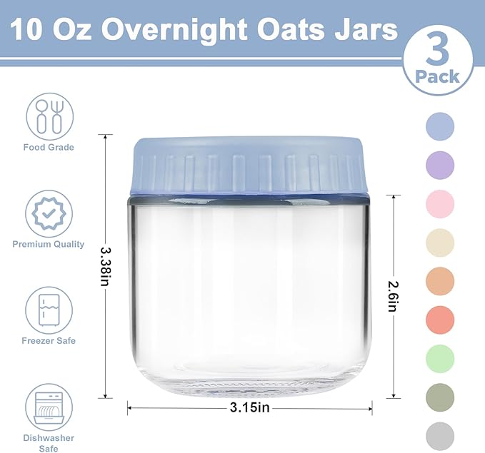 Overnight Oats Containers with Lids, 10oz Wide Mouth Mason Jars with Lids, 3 Pack Glass Jars with Airtight lid for Chia Pudding Yogurt Salad, Meal Prer Oatmeal Jars