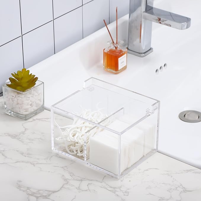 Qtip Holder Acrylic Container for Cotton Swab, Cotton Pads, Floss Picks - Restroom Containers Bathroom Essentials Accessories Decor Vanity Storage Organizer, 5.7'' x 3.7'' x 3.42''