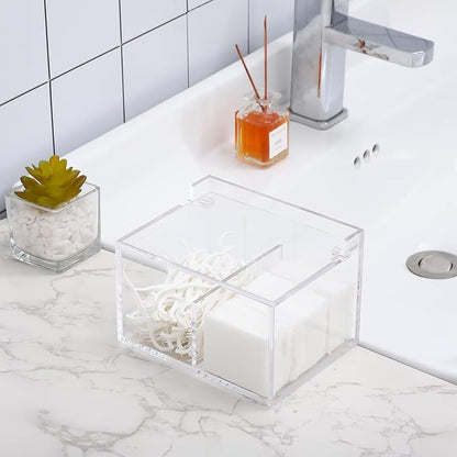 Qtip Holder Acrylic Container for Cotton Swab, Cotton Pads, Floss Picks - Restroom Containers Bathroom Essentials Accessories Decor Vanity Storage Organizer, 5.7'' x 3.7'' x 3.42''