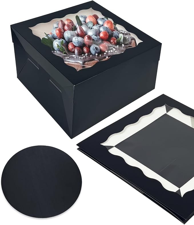 qiqee Black 10x10x8 Cake Box, 4 Sets Cake Box with Window ＆ 4 Sets 10" Cake Round Boards, 10inch Cake Containers, 10 Meters Pink Silk Ribbon Includes