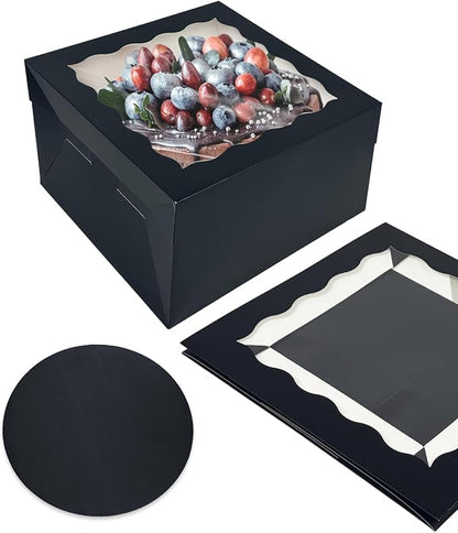 qiqee Black 10x10x8 Cake Box, 4 Sets Cake Box with Window ＆ 4 Sets 10" Cake Round Boards, 10inch Cake Containers, 10 Meters Pink Silk Ribbon Includes