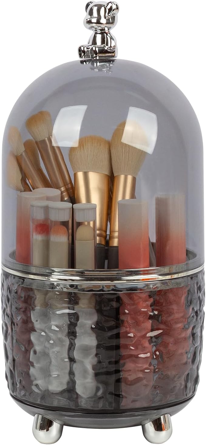 Dezzer Makeup Brush Holder with Lid, 360 Rotating Dustproof Make Up Organizers, 6 Slot Make up Brush Holder for Vanity Bathroom Countertop Office, Gray