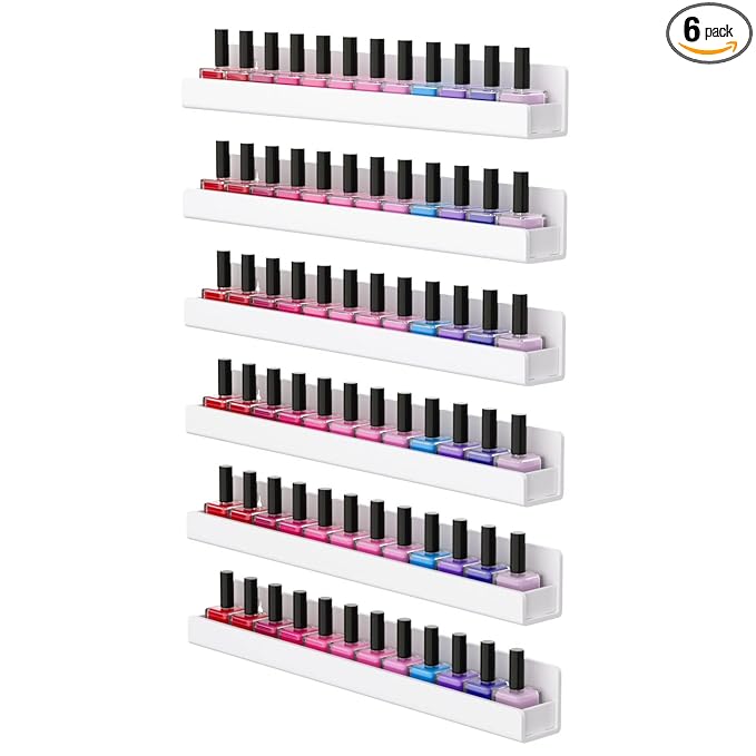 FEMELI Nail Polish Wall Rack: 6 Shelves 15 Inch White Acrylic Nail Polish Holder Organizer for 66-90 Bottles, Multi-Purpose Acrylic Floating Shelves (15 Inch, White)