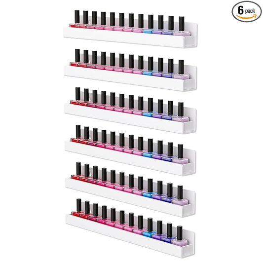 FEMELI Nail Polish Wall Rack: 6 Shelves 15 Inch White Acrylic Nail Polish Holder Organizer for 66-90 Bottles, Multi-Purpose Acrylic Floating Shelves (15 Inch, White)