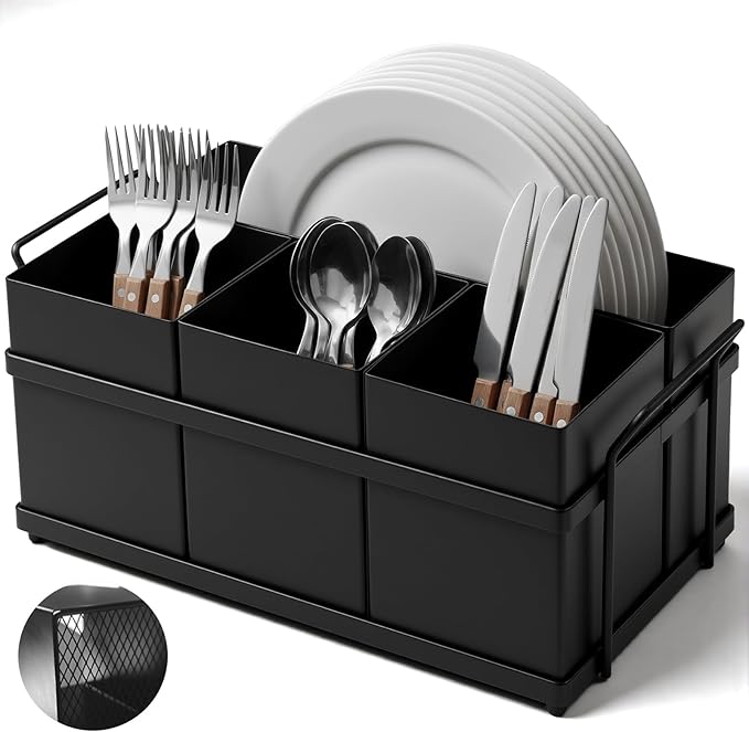 Utensil Holder Mesh Drainage Holes, 4pcs Bins Set Countertop Utensil Holder for Plate, Spoons, Forks and Knives, Cutlery Organizer Suitable for Party, Kitchen Countere, Balck