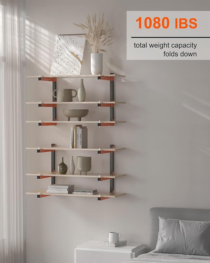 Lumber Storage Rack Wall-Mounted Lumber Racks Heavy Duty Wood Storage Rack with 9-Level Holds Up 1080 LB Sturdy Folding Garage Wood Organizer Orange Shelving Metal Shelf for Indoor & Outdoor- 6 Pack