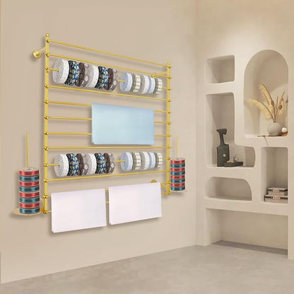 Ribbon Storage Organizer, Wall Mounted Ribbon Organizer, 12-Tier Metal Gift Wrapping Paper Rack, Spool Tie Scarf Hijab Belt Towel Hanger, for Home, Craft Room, Flower Shop, Gold, 47.2in Wide