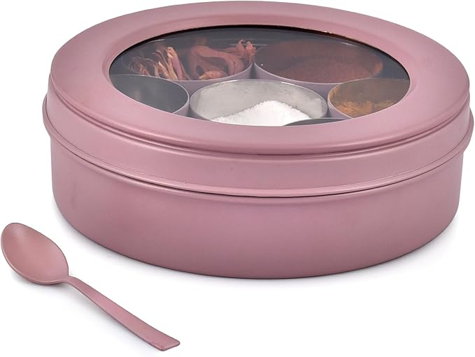 Elan 7 Compartment Multipurpose Air-Tight Stainless Steel See-Through Round Colorful Spice Box/Popula Dabba with Lid and Spoon | Mauve, (1500 ml)