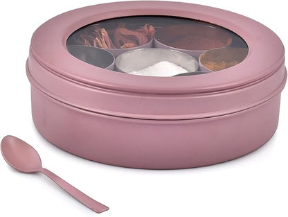 Elan 7 Compartment Multipurpose Air-Tight Stainless Steel See-Through Round Colorful Spice Box/Popula Dabba with Lid and Spoon | Mauve, (1500 ml)