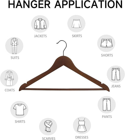 Quality Wooden Clothes Hangers, Solid Wood Suit & Coat Hangers with Pants Bars, Swivel Hook, Shoulder Notches, Heavy Duty Hangers for Shirts, Jackets, Dresses & Trousers(Walnut/12-Pack)