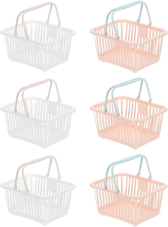 PATIKIL 6PCS Mini Shopping Basket, Small Plastic Basket Mini Storage Basket Grocery Tiny with Handles Organizer Filtered Water for Organizing Toys Eggs Fruits Snacks,White Pink