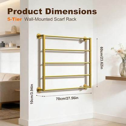 Wall Mounted Scarf Rack, Gold Silk Scarves Hijab Hanger Organizer Metal Racks Wrapping Tissue Paper Ribbon Holder Towels Storage Display for Flower Shop Retail Store (Gold, 5T-27.6×23.6IN)