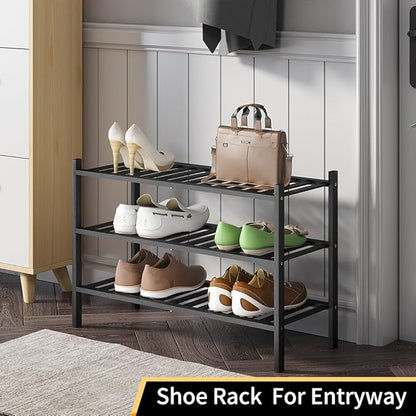 Shoe Rack, 3-Tier Bamboo Stackable Shoe Shelf Storage Organizer, Shoe Stand for Closet, Entryway and Hallway
