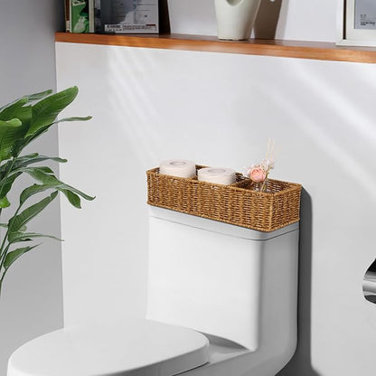 Wicker Toilet Paper Basket: 3 Water-resistant Compartments Organizer - Extra-Large Storage for Bulk Rolls & Toiletries (Farmhouse & Scandinavian, Tan)