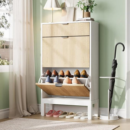 IDEALHOUSE Shoe Storage Cabinet with 2 Flip Drawers, Farmhouse Fluted Shoe Organizer with Metal Legs, Freestanding Hidden Slim Narrow Shoe Rack for Entryway, Foyer, Hallway