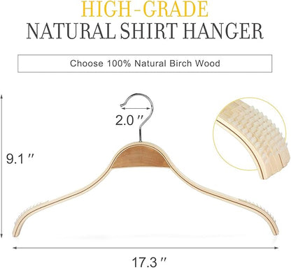 TOPIA HANGER Slim Natural Wood Hangers with Extra Soft Non-Slip Rubber Grips, 10-Pack High-Grade Fashion Hanger No Shoulder Bump for Sweater, Camisole, Jacket, Dress, Coat -CT15N