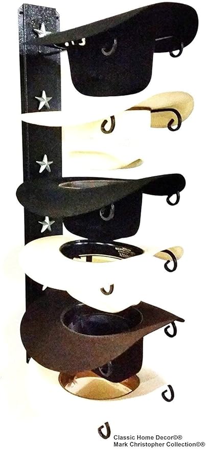 6-Hat Cowboy Hat Rack – Crown Down Wall Mount – Black Powder Coat with Silver Stars – American Made Steel