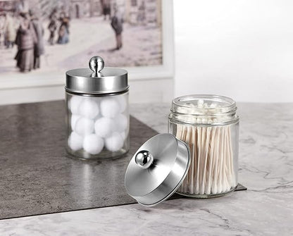 Amolliar 4Pc Apothecary Jars Bathroom Vanity Storage Organizer Set -Countertop Canister with Stainless Steel Lids &Stickers - Qtip Dispenser Holder for Qtip,Cotton Swab,Makeup Sponge (Brushed Nickel)