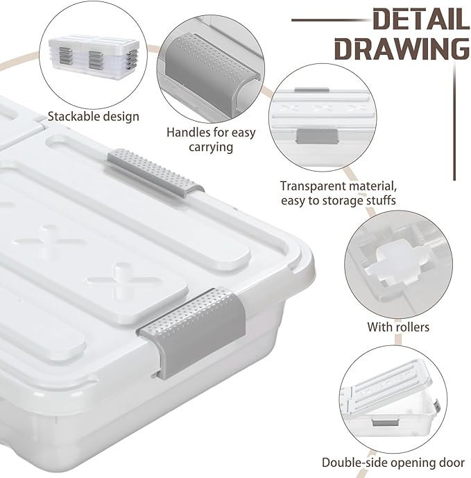 Beeveer 4 Pcs Plastic Under Bed Storage Container with Double Opening Lid Wheel Handle, Transparent Large Capacity Stackable Latching Festival Storage Bin for Closet Bedroom, 31.5x15.8x5.2 In(White)
