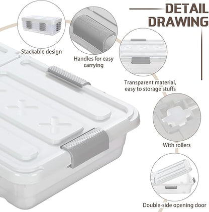 Beeveer 4 Pcs Plastic Under Bed Storage Container with Double Opening Lid Wheel Handle, Transparent Large Capacity Stackable Latching Festival Storage Bin for Closet Bedroom, 31.5x15.8x5.2 In(White)