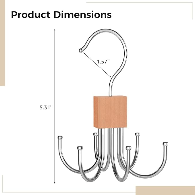 6-Pack Rotating Tie Hanger with 6 Hooks, Wooden Block with Stainless Steel Hooks for Scarves, Hats, Bags, Compact and Foldable