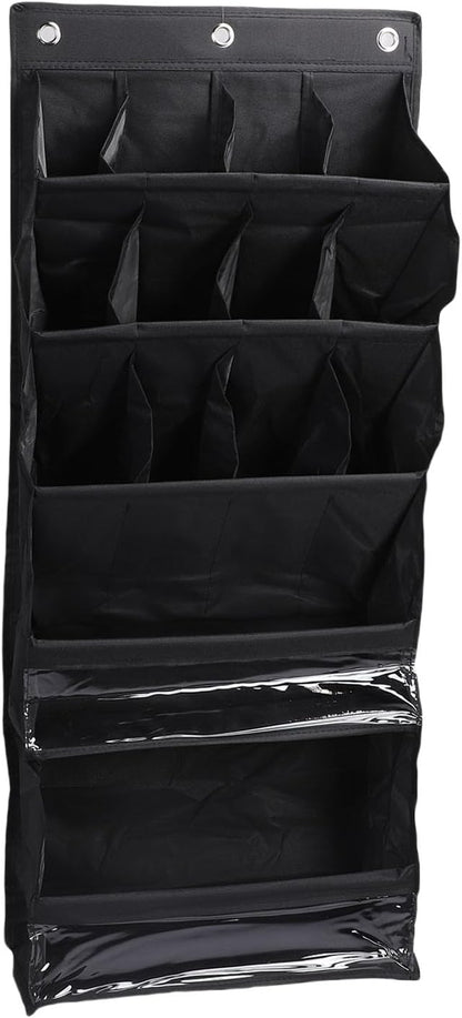 Over The Door Shoe Bag with Pockets | 600D Oxford Fabric Breathable Hanging Storage | Space Saving Shoe Rack for Closet/Dorm/Entryway | Multi - Purpose Organizer, Hooks (Black)