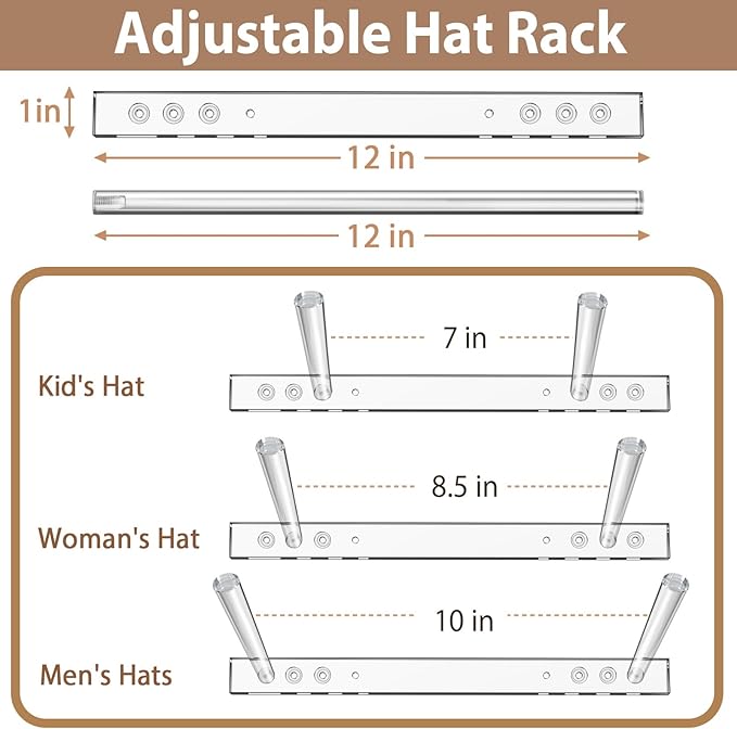 2 Pack Acrylic Cowboy Hat Rack for Wall, 3-Position Adjustment Wall Mount Hat Holder Organizer for Western Cowboy Hats, Fedoras, Sun Hats