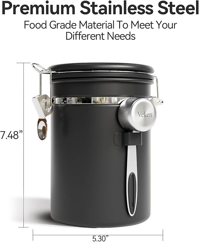 Veken Coffee Canister with Window,Airtight Stainless Steel Pantry Container,Kitchen Food Storage Organizers for Beans,Ground,Espresso,Rice,Tea,Sugar, Cereal, Bar Accessories,Gifts,Lids,Jars,22OZ,Black