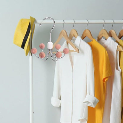 6-Wooden Balls Space Saving Hangers, Multipurpose 360° Swivel Hanger for Closet, Rotatable Wardrobe Hooks, Hanging Holder Organizer for Purse, Belt, Scarf, Bra, Hat and Tie Storage (Pink)